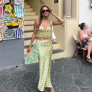 Zara Yellow Floral Bustier Top and Maxi Skirt Set size XS